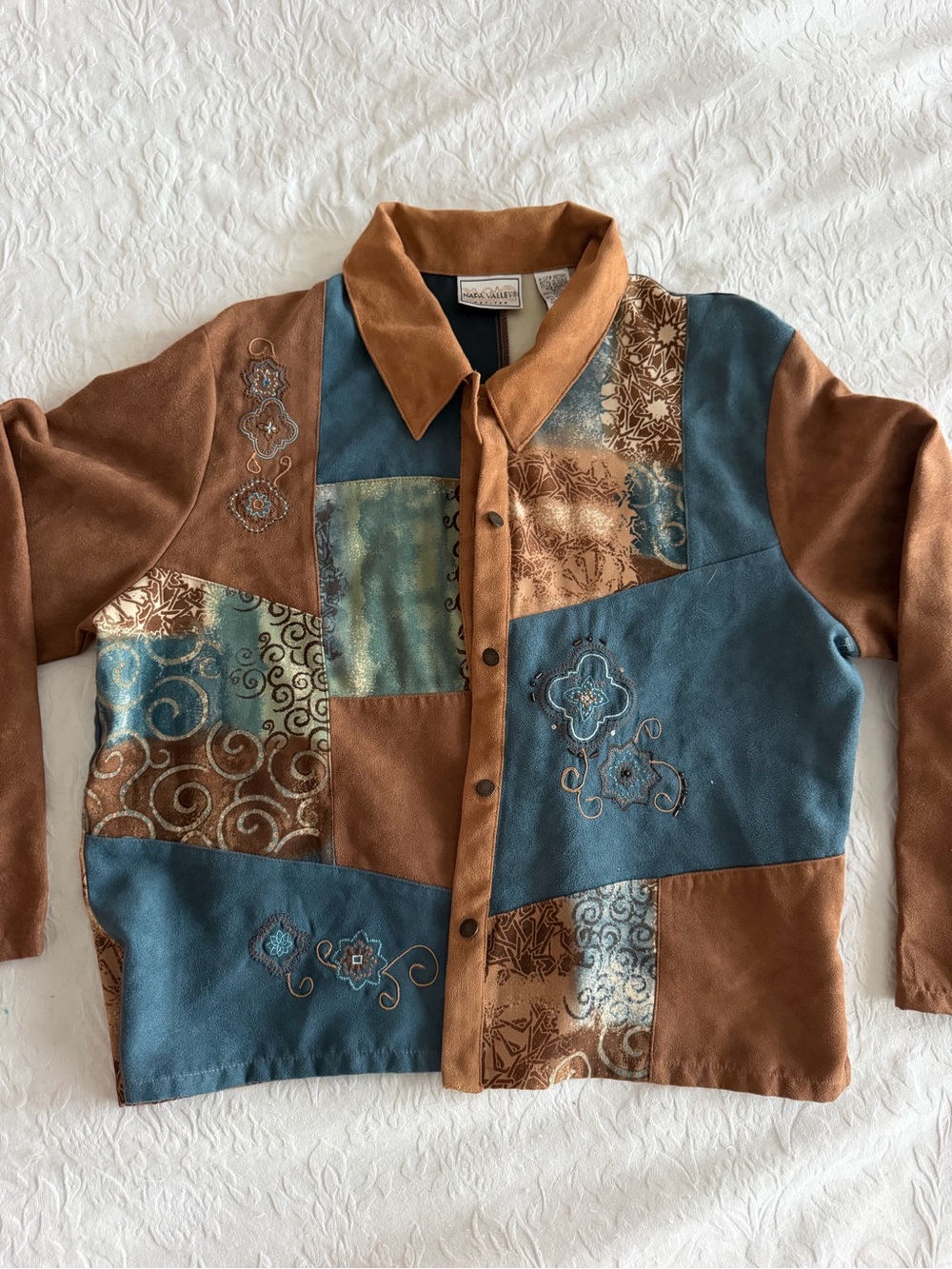 Napa Valley Patchwork Suede Button-Front Jacket in Brown & Teal